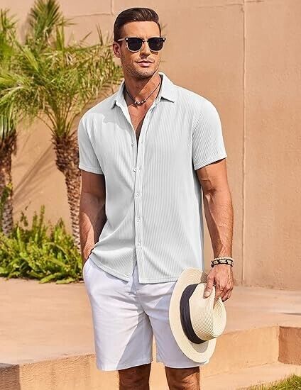COOFANDY Men Short Sleeve Button Up Shirt Big & Tall Summer Beach Linen Shirt, L