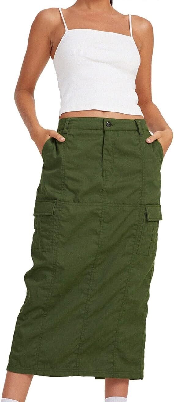 Women's Denim Cargo Long Skirts High Waist Side Split Midi Pencil Jean Skirt, XL