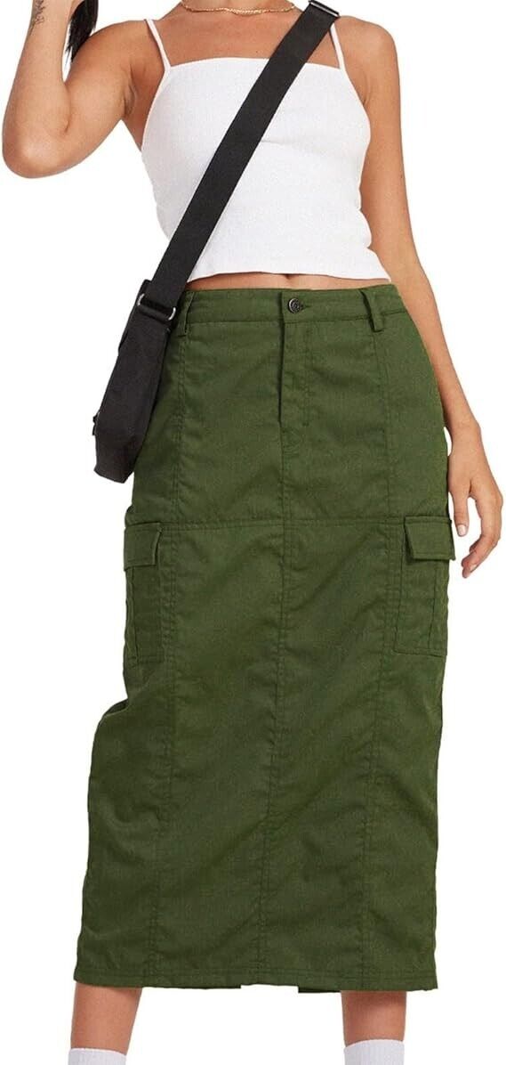 Women's Denim Cargo Long Skirts High Waist Side Split Midi Pencil Jean Skirt, XL