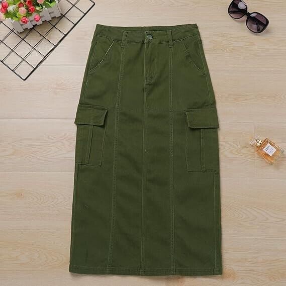 Women's Denim Cargo Long Skirts High Waist Side Split Midi Pencil Jean Skirt, XL