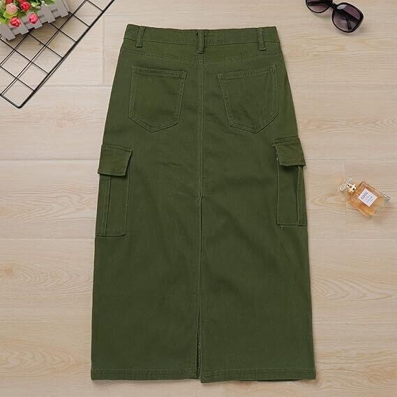 Women's Denim Cargo Long Skirts High Waist Side Split Midi Pencil Jean Skirt, XL
