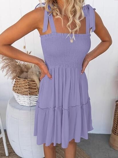 ZESICA Women' 2024 Summer Spaghetti Strap Sleeveless Square Neck Ruffle Dress, S