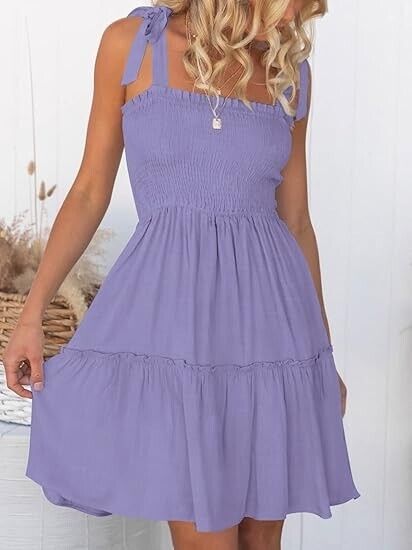 ZESICA Women' 2024 Summer Spaghetti Strap Sleeveless Square Neck Ruffle Dress, S