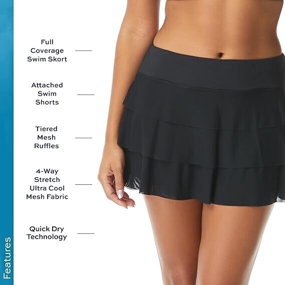 Athletic Swim Skort Ruffled Bikini Bottom Swimsuit Skirt Cadence, Black, Size 16