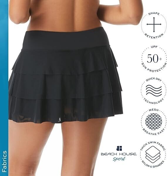 Athletic Swim Skort Ruffled Bikini Bottom Swimsuit Skirt Cadence, Black, Size 16