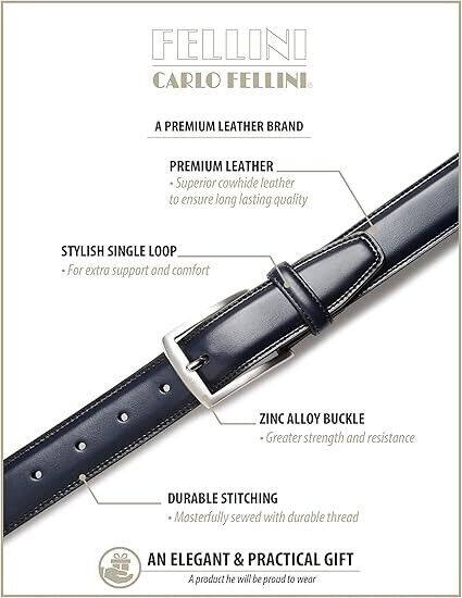 Carlo Fellini Belts- Men's Dress Belt- Hand Made 100% Full Grain Leather Belt, L
