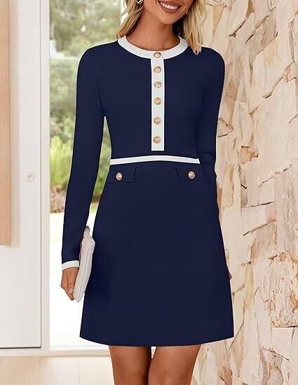 ZESICA Women's Fall Long Sleeve Bodycon Sweater Dress Crewneck Button Dress, S