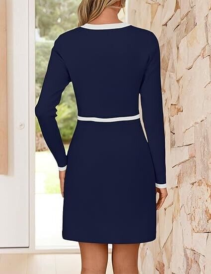 ZESICA Women's Fall Long Sleeve Bodycon Sweater Dress Crewneck Button Dress, S