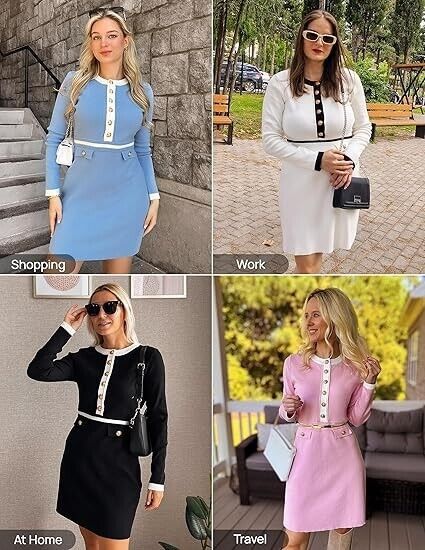 ZESICA Women's Fall Long Sleeve Bodycon Sweater Dress Crewneck Button Dress, S
