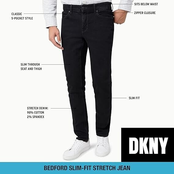 DKNY Men' Jeans Bedford Stretch Denim Slim Fit Jeans for Men Black Rinse 29W 30L