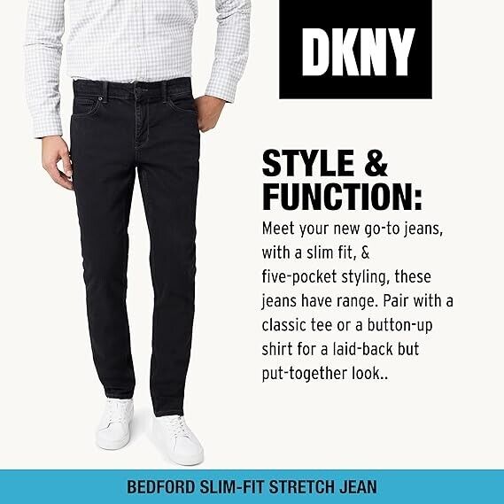 DKNY Men' Jeans Bedford Stretch Denim Slim Fit Jeans for Men Black Rinse 29W 30L