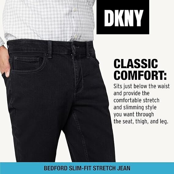 DKNY Men' Jeans Bedford Stretch Denim Slim Fit Jeans for Men Black Rinse 29W 30L