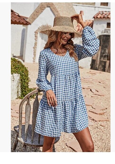 BTFBM Women V Neck Dress Loose Fit Tunic Dress Flowy Plaid Pleated Mini Dress S