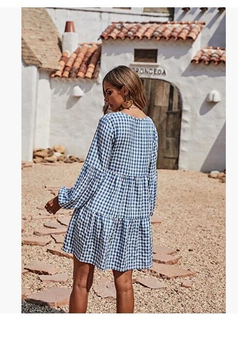 BTFBM Women V Neck Dress Loose Fit Tunic Dress Flowy Plaid Pleated Mini Dress S