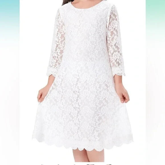 APRIL GIRL Flower Girl Dress, Lace Dress 3/4 Sleeve Dress Ivory 14-16 Years