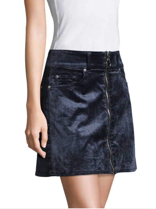 7 For All Mankind Zip-Front Velvet Mini Skirt, Women's Size 30/(US8-10)Navy NEW