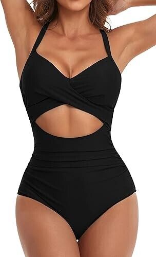 Eomenie Women 1 Piece Swimsuit Tummy Control Cutout High Waisted Bathing Suit, L