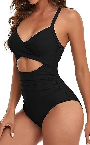 Eomenie Women 1 Piece Swimsuit Tummy Control Cutout High Waisted Bathing Suit, L