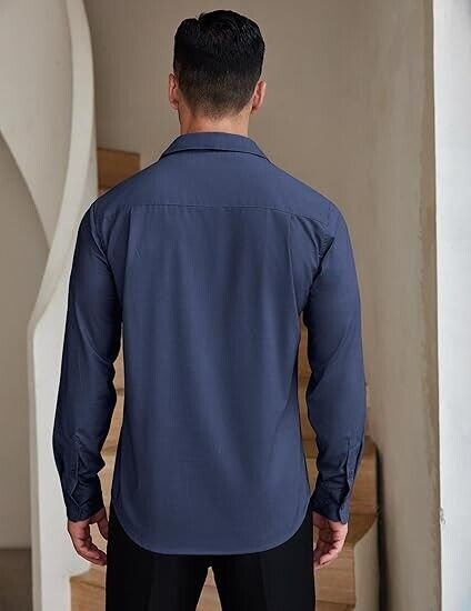 COOFANDY Men Button Down Long Sleeve Shirts Regular Fit Suit Shirt Dress, Blue L