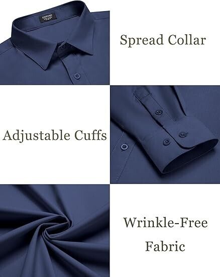 COOFANDY Men Button Down Long Sleeve Shirts Regular Fit Suit Shirt Dress, Blue L