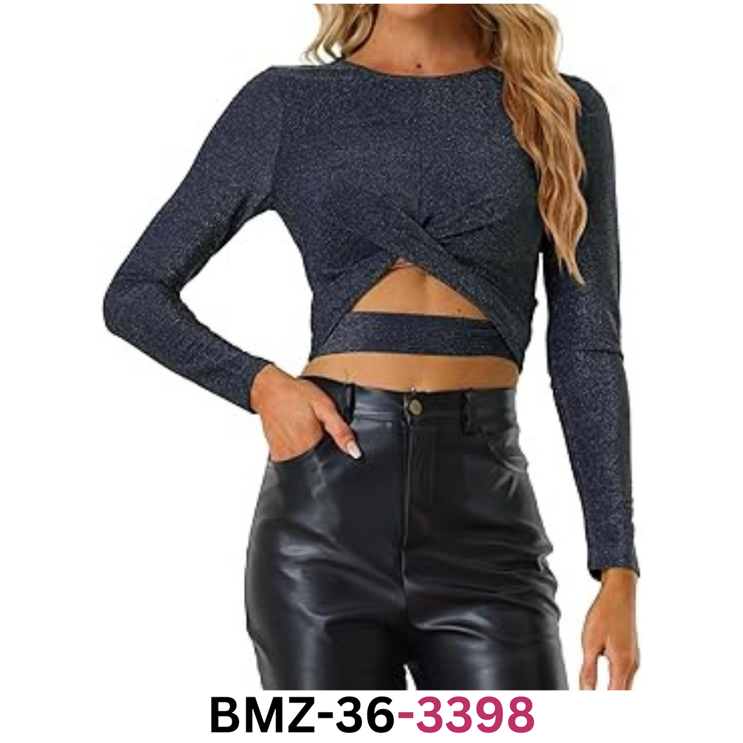 Allegra K Women Glitter Twist Long Sleeve Cut Out Party Cropped Sparkly Top, XS