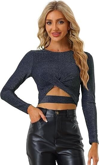 Allegra K Women Glitter Twist Long Sleeve Cut Out Party Cropped Sparkly Top, XS
