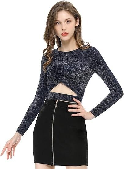 Allegra K Women Glitter Twist Long Sleeve Cut Out Party Cropped Sparkly Top, XS
