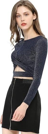 Allegra K Women Glitter Twist Long Sleeve Cut Out Party Cropped Sparkly Top, XS