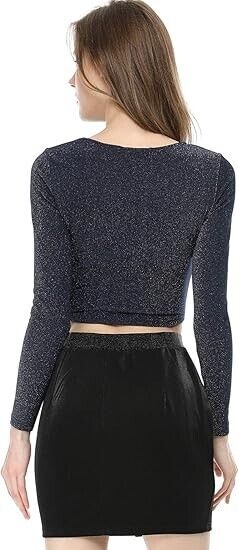 Allegra K Women Glitter Twist Long Sleeve Cut Out Party Cropped Sparkly Top, XS