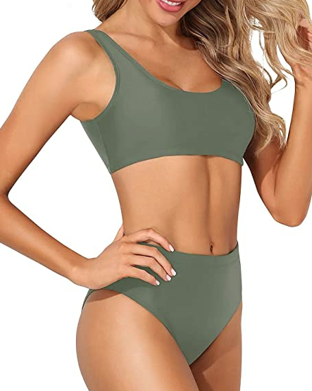 Tempt Me Women Two Piece Scoop Neck Bikini Crop Top High Cut Swimsuit High Waist