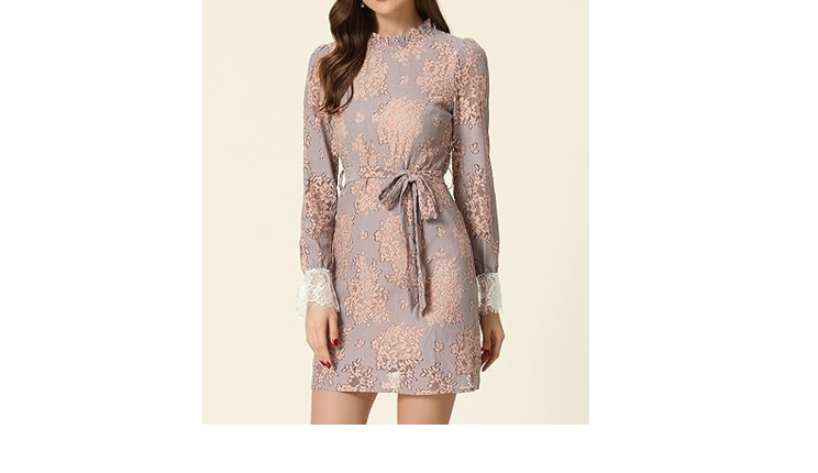 Allegra K Women's Cocktail Elegant Ruffle Crew Neck Floral Lace Shift Dress, S