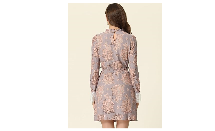 Allegra K Women's Cocktail Elegant Ruffle Crew Neck Floral Lace Shift Dress, S