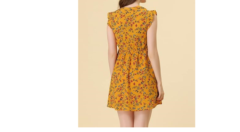 Allegra K Women Flutter Sleeve Ruffle A-Line Flowy Chiffon Dress Medium Yellow M