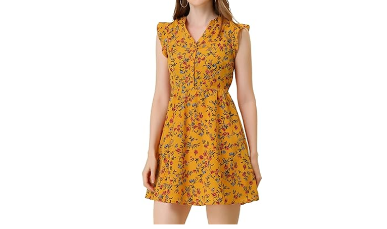 Allegra K Women Flutter Sleeve Ruffle A-Line Flowy Chiffon Dress Medium Yellow M