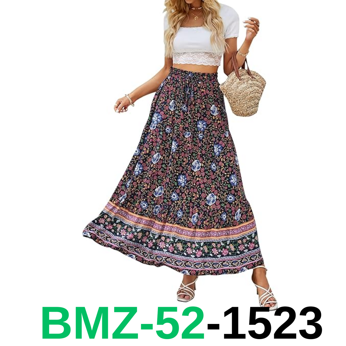 ZESICA Women's 2024 Summer Bohemian Floral Printed Elastic Waist A Line Maxi, XL