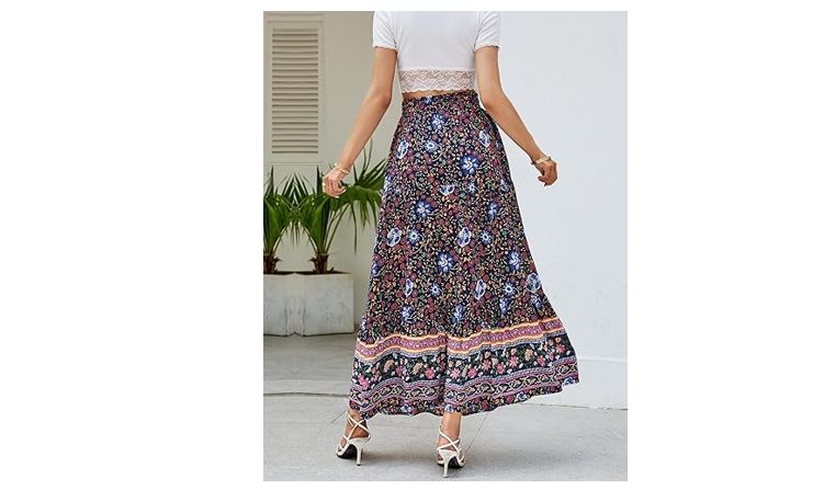 ZESICA Women's 2024 Summer Bohemian Floral Printed Elastic Waist A Line Maxi, XL