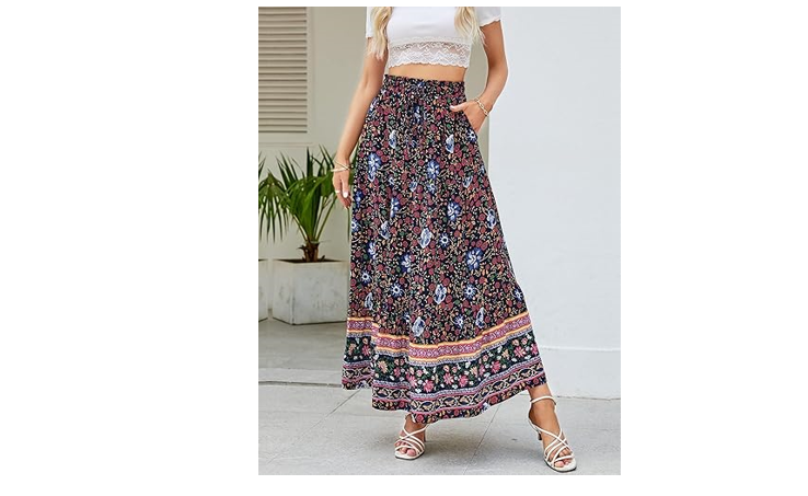 ZESICA Women's 2024 Summer Bohemian Floral Printed Elastic Waist A Line Maxi, XL
