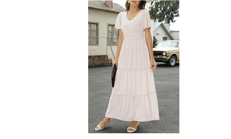 Zattcas Womens 2024 Long Summer Dress Casual Short Flutter Sleeve V Neck, M