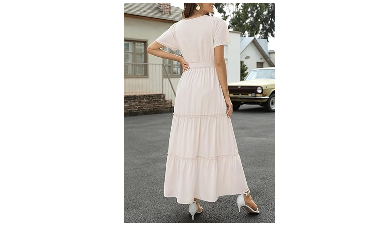 Zattcas Womens 2024 Long Summer Dress Casual Short Flutter Sleeve V Neck, M