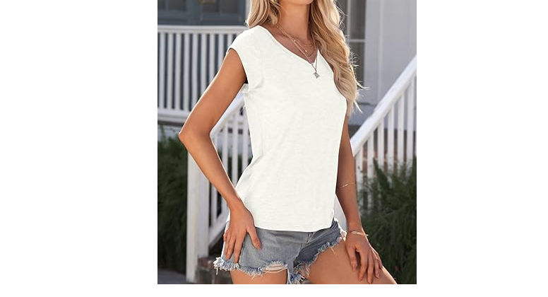 AUSELILY Womens Cap Sleeve T-Shirt Casual Loose Fit Tank Tops WHITE-L