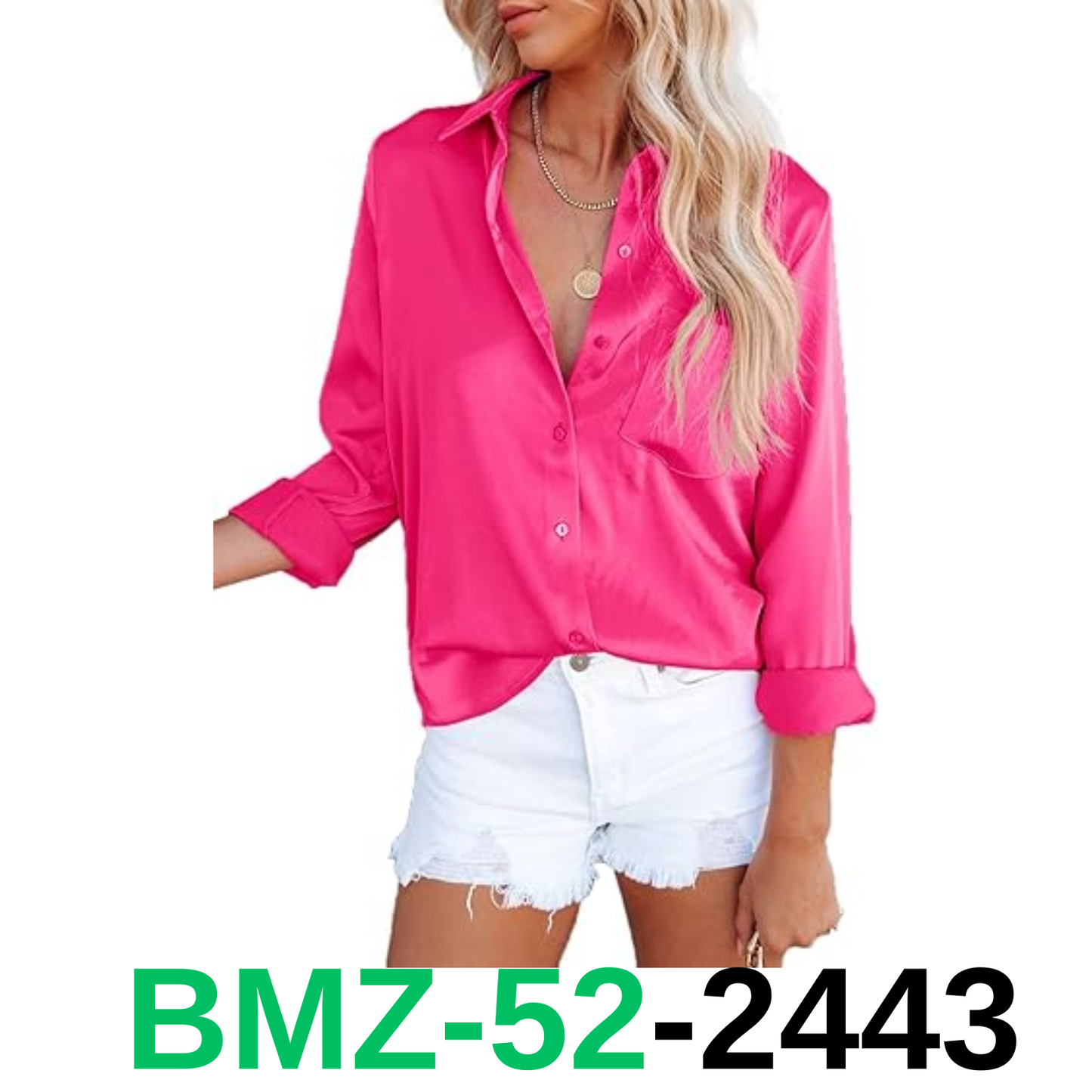 Bodycon4U Women's Silk Blouses Satin Button Down Shirts V Neck Long Sleeve, M