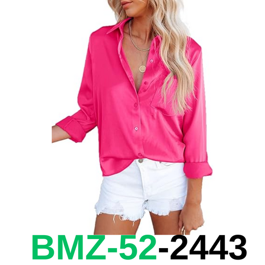Bodycon4U Women's Silk Blouses Satin Button Down Shirts V Neck Long Sleeve, M