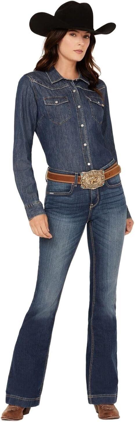 Cinch Women's Lynden Medium Wash Mid Rise Trouser Stretch Denim Jeans, 28/5 Reg
