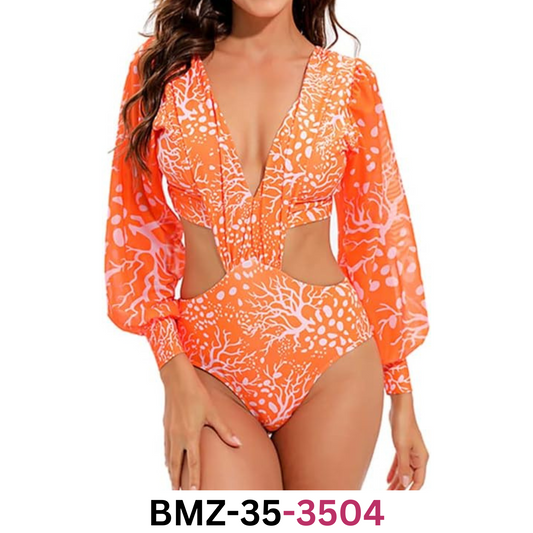 Women One Piece Swimsuit Long Sleeve Bathing Suit Sexy Bodysuit Puff Sleeve, XL