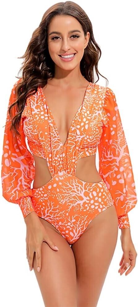 Women One Piece Swimsuit Long Sleeve Bathing Suit Sexy Bodysuit Puff Sleeve, XL