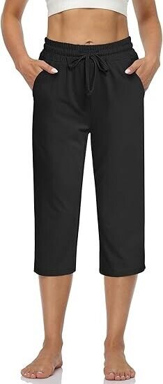 UEU Women Comfy High Waisted Yoga Capri Pants Loose Workout Sweatpants, Black, M