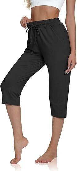 UEU Women Comfy High Waisted Yoga Capri Pants Loose Workout Sweatpants, Black, M