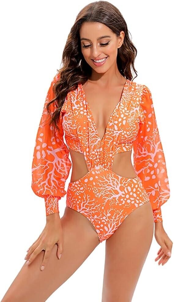 Women One Piece Swimsuit Long Sleeve Bathing Suit Sexy Bodysuit Puff Sleeve, XL