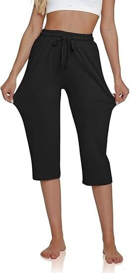 UEU Women Comfy High Waisted Yoga Capri Pants Loose Workout Sweatpants, Black, M
