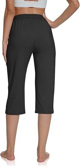 UEU Women Comfy High Waisted Yoga Capri Pants Loose Workout Sweatpants, Black, M